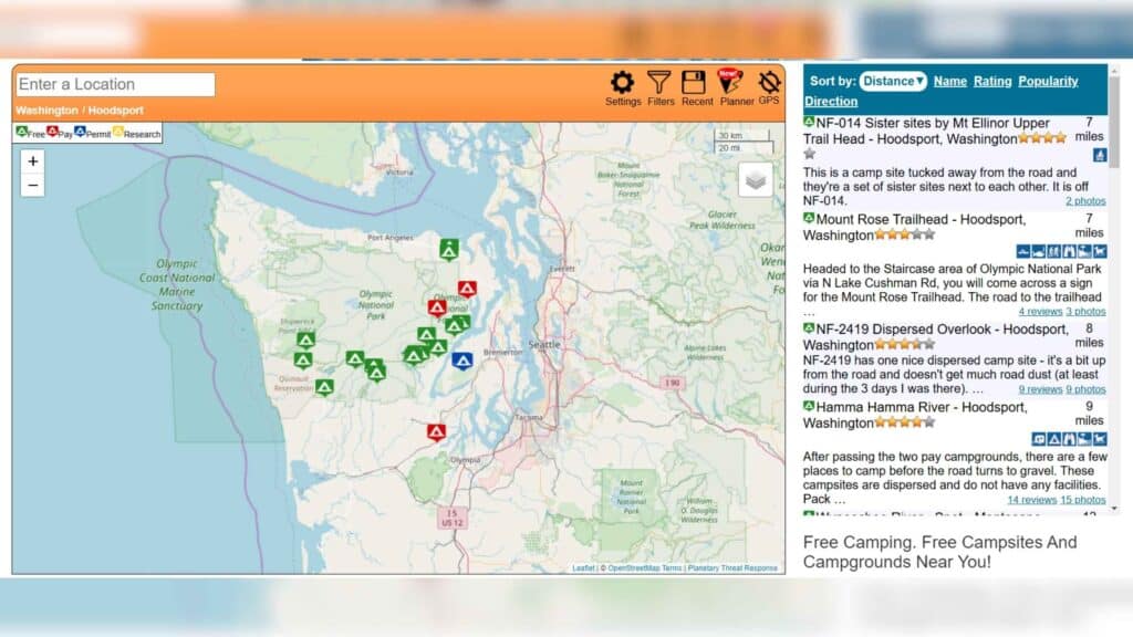 Photo shows the website off freecampsites.net. The website shows a map of free and paid camping. It is a vanlife app.