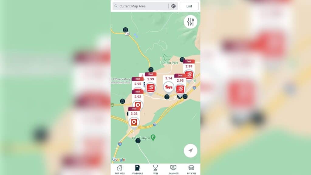 Photo shows the homescreen and map inside the Gas Buddy vanlife app.