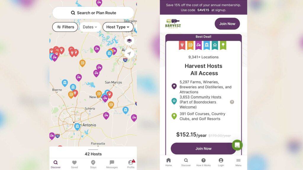 Photo shows the subscription page and map inside the Harvest Host van life app. This campervan app is used to find locations to camp. 