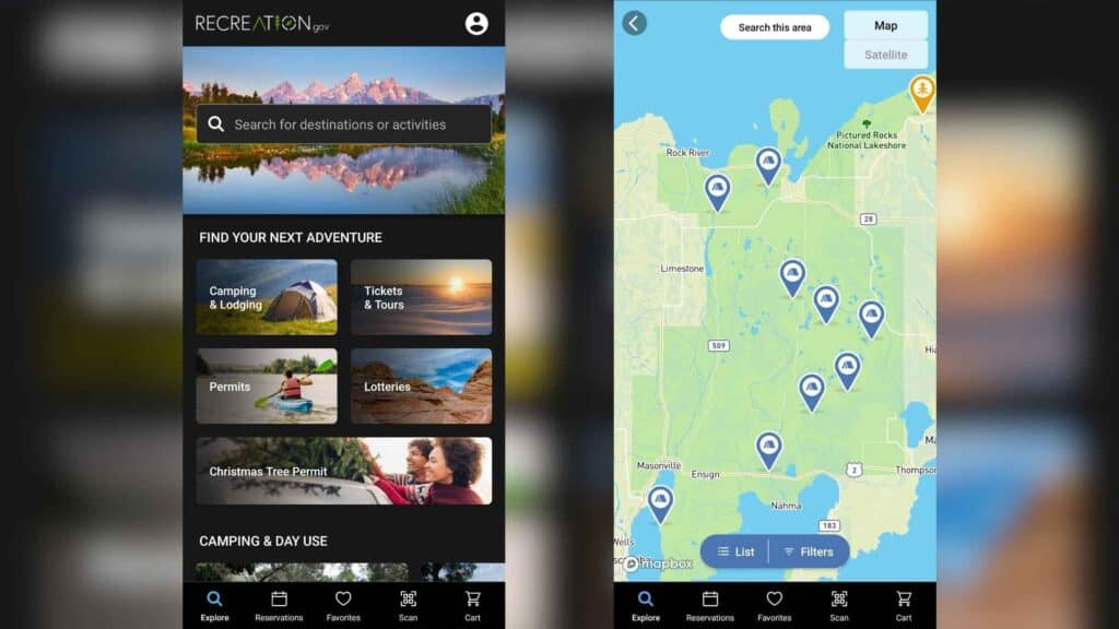 Photo shows the homescreen and map inside the Recreation.gov vanlife app. This Vanlife app is used to find locations to camp. 