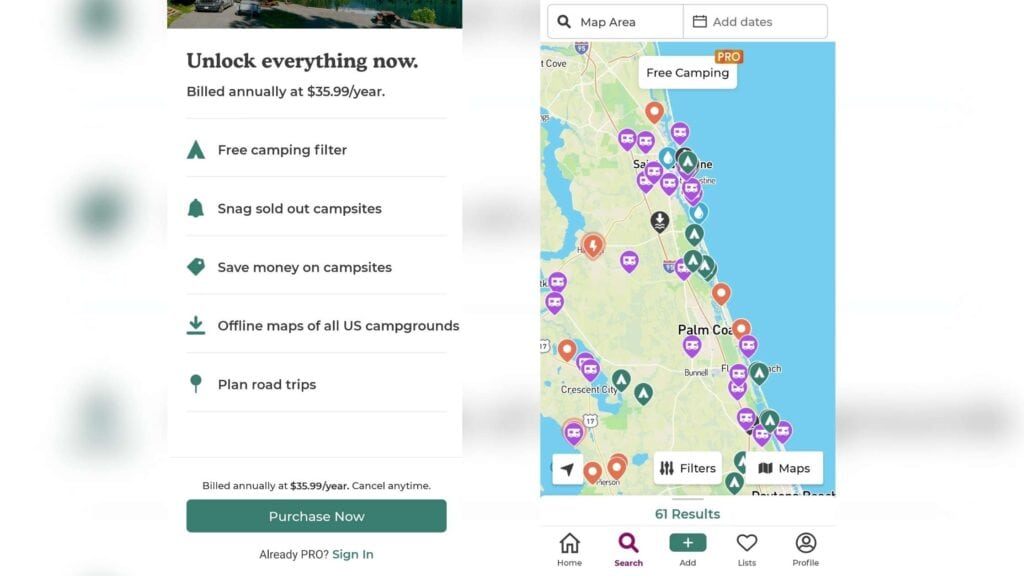 Photo shows the subscription page and map inside the Dyrt van life app. This Vanlife app is used to find locations to camp. 