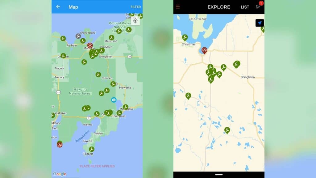 Photo shows the homescreen and map inside the iOverlander vanlife app. This Vanlife app is used to find locations to camp. 