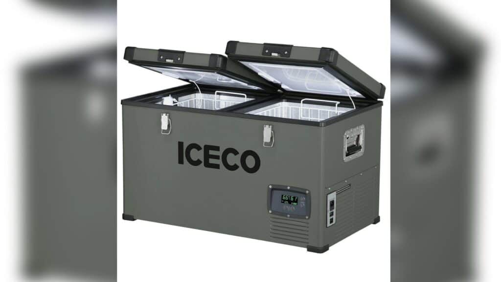 Iceco chest style campervan fridge. Both top door slightly open.