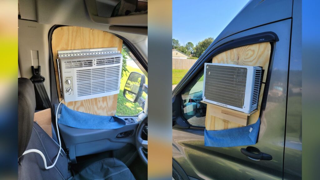 Photo shows our DIY van life air conditioner from both the inside of the van (left) and from the outside of the van (right). Our van life air conditioner is made out of a normal window unit that sits on a custom wood shelf that sits in our drivers door window. 