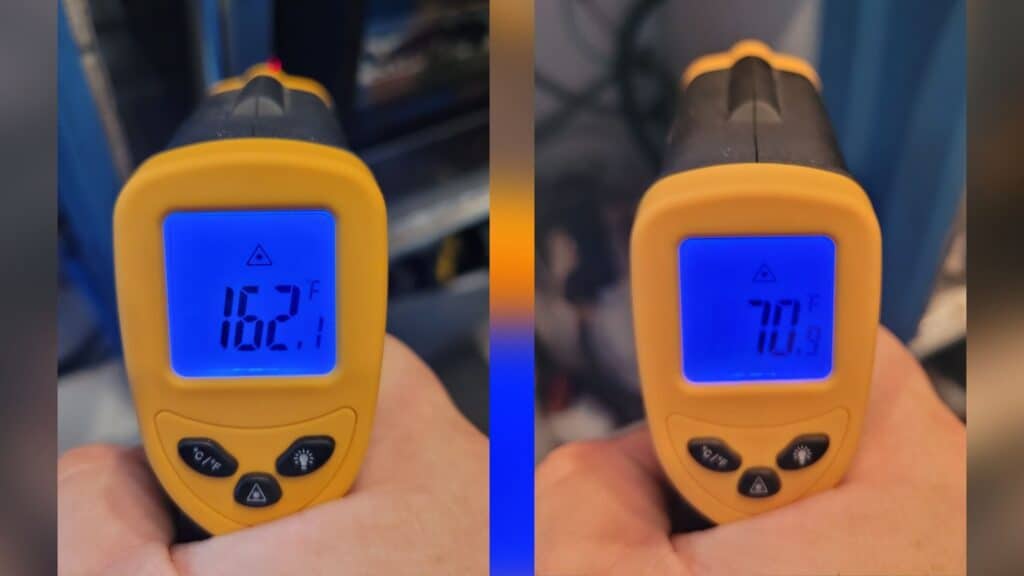 Side by side photo, the image on the right is off the readout of a thermometer pointed at our camp chef oven, the temperature is 162°F. The right side shows the same thermometer on the other side of the heat barrier and concrete board, the readout shows 70°F.