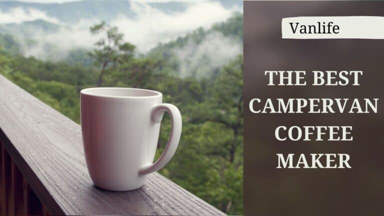 A white coffee cup sitting on a fence with some woods and a mountain behind it. Next to the coffee picture is the words vanlife the best campervan coffee maker.