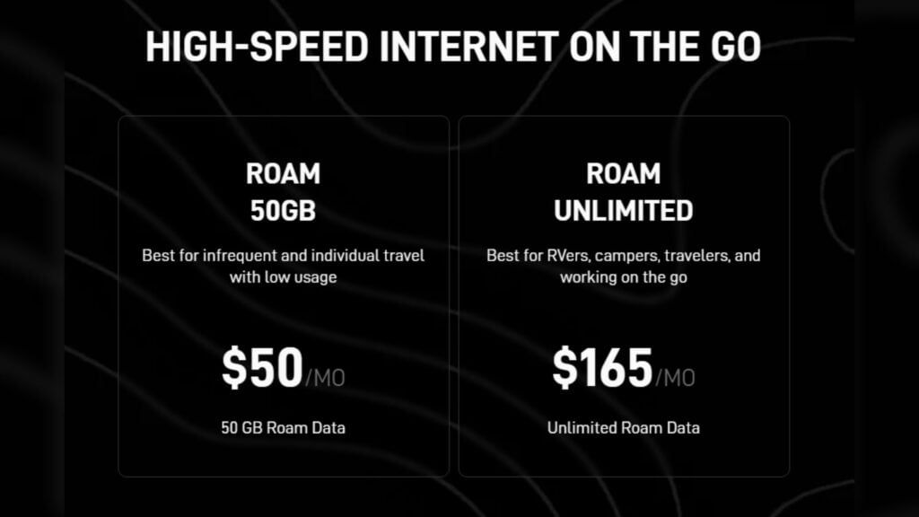 Photo shows a price comparison between Roam 50GB for $50 a month and Roam Unlimited for $165 a month.