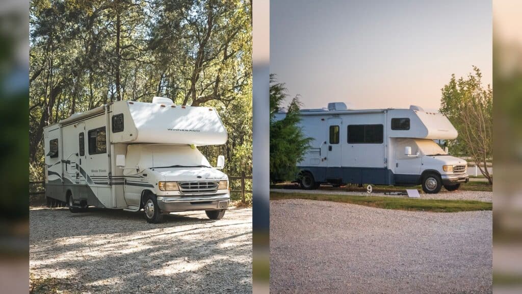 Before an after photos of a Class C RV showing the results of painting the RV